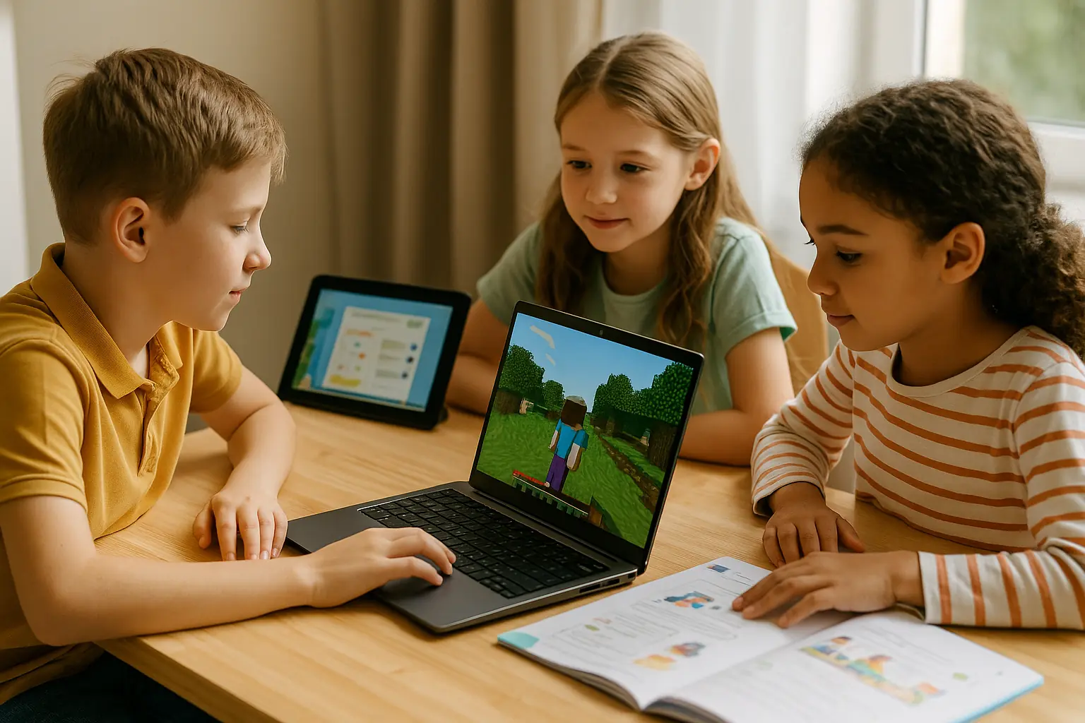 ילדים משתתפים בקורס אנגלית לילדים בעזרת מחשב וחוברת אינטראקטיבית